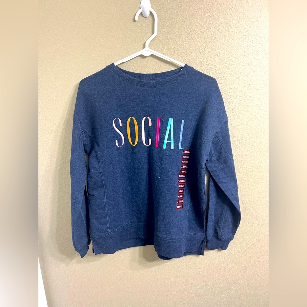 WildFox Social Embroidered Sweatshirt Sweater Blue XS Sift Cozy